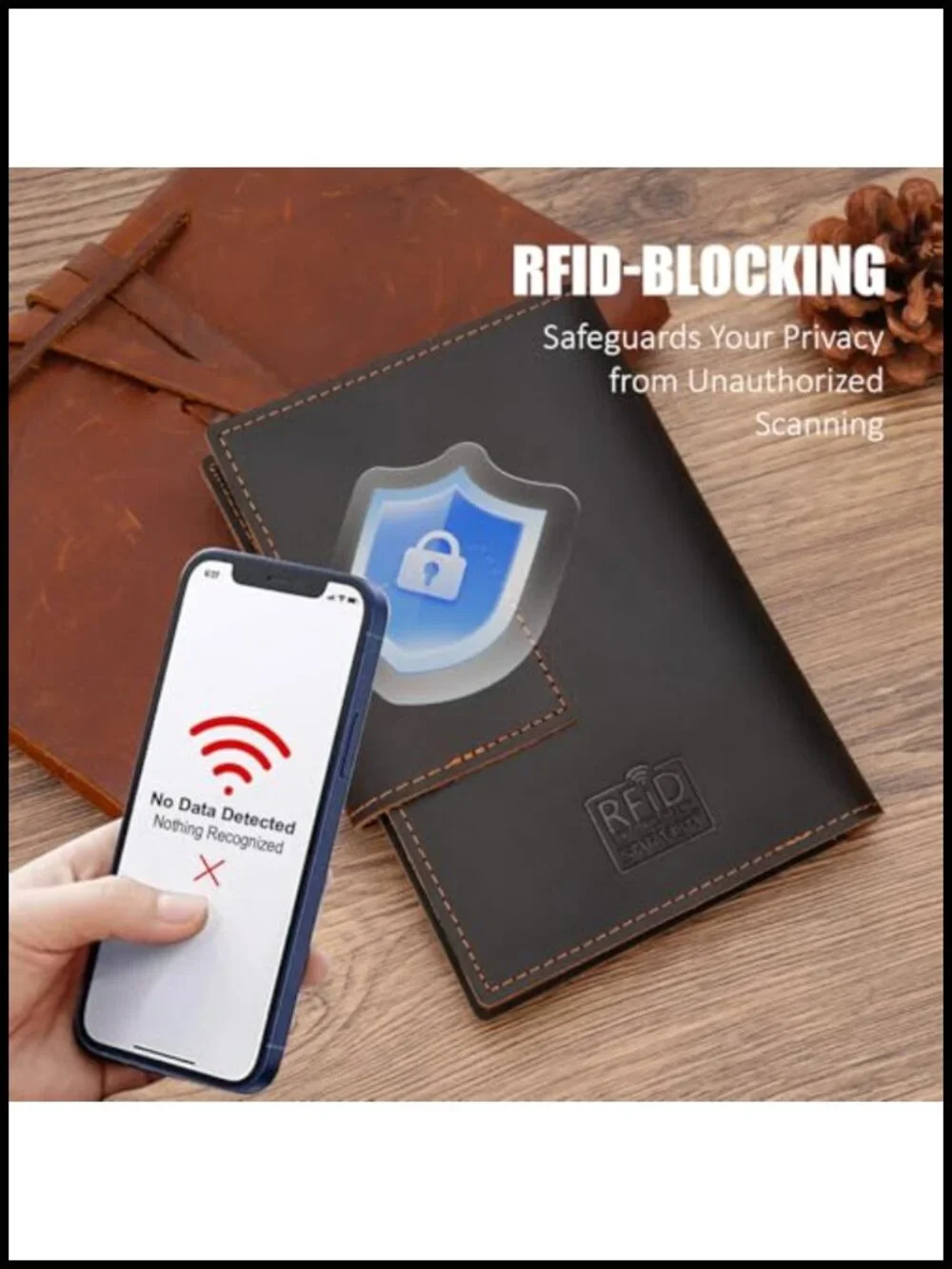 Full Grain Leather Bifold Passport Holder with RFID Blocking and AirTag Holder